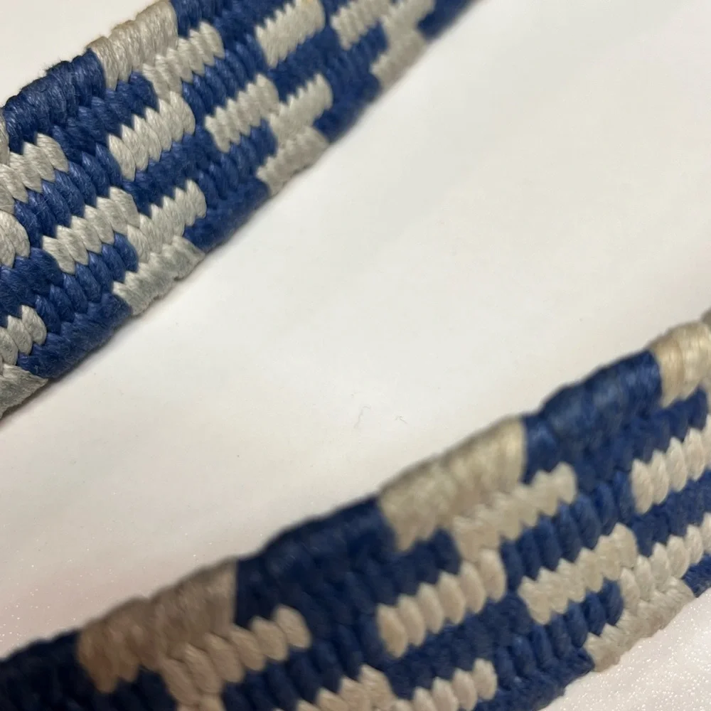 Vineyard Vines Belt Blue and White checked Cotton Leather Trim  Size 34